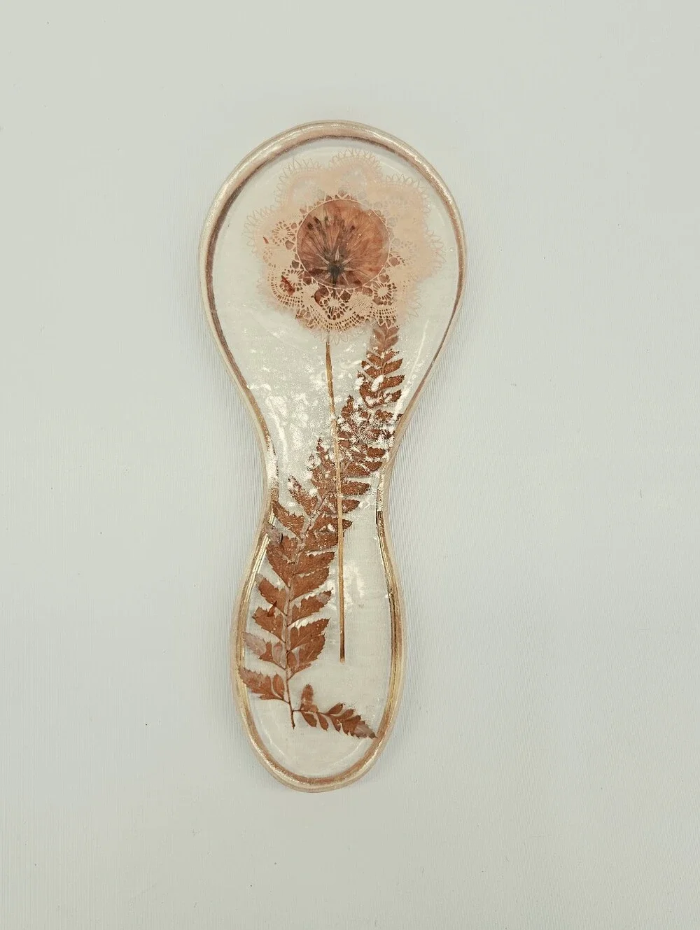 Vintage Spoon Rest Brown Orange Floral Doilie Acryllic Resin Grannycore Cottage
